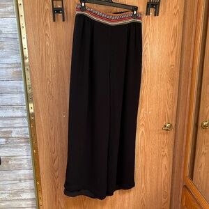 Women's Black Straight Leg Pallazo Pants with Patterned Waistband